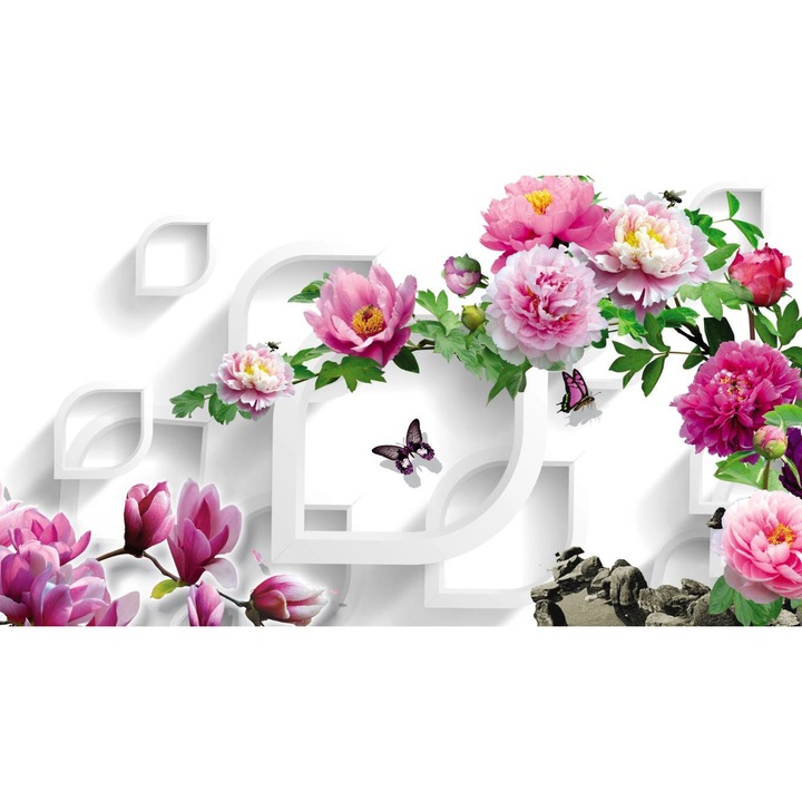 Öntapadó PVC tapéta - Rózsaszín virágok és 3D absztrakt formák, 160 x 240 cm