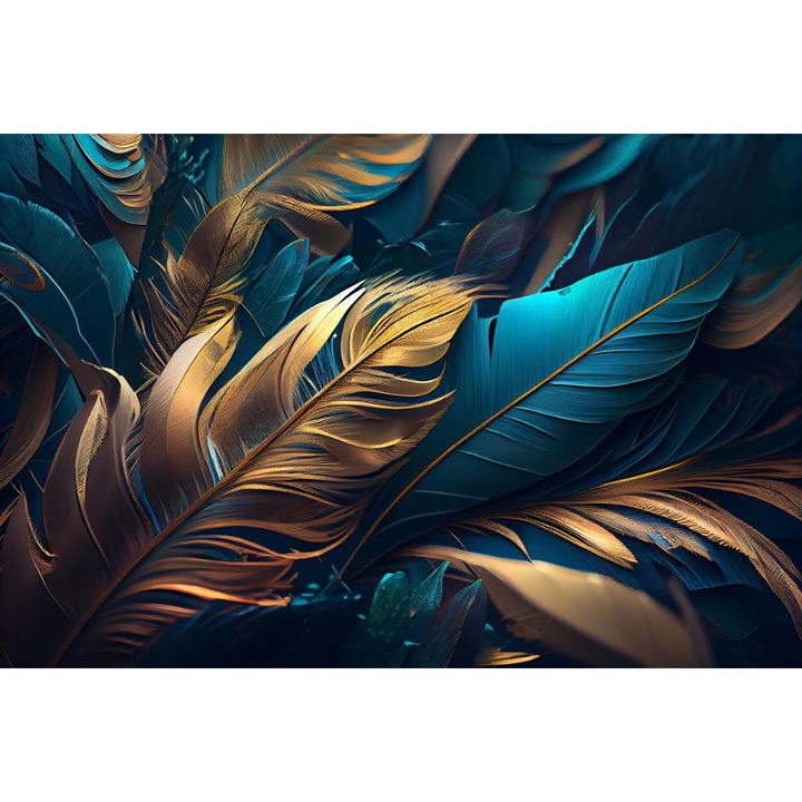 Öntapadó PVC tapéta - Golden and Blue Feathers, 100 x 150 cm