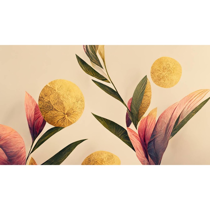 Öntapadó PVC tapéta - Absztrakt festmény rózsaszín és zöld levelekkel, 100 x 150 cm