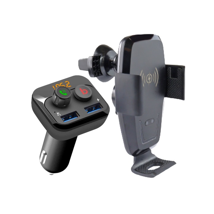 Set, Suport pentru Telefon, cu Wireless si Senzor de Printere, atasabil la grila de ventilatie, Modulator FM, MP3 cu Bluetooth, handsfree si apeluri telefonice