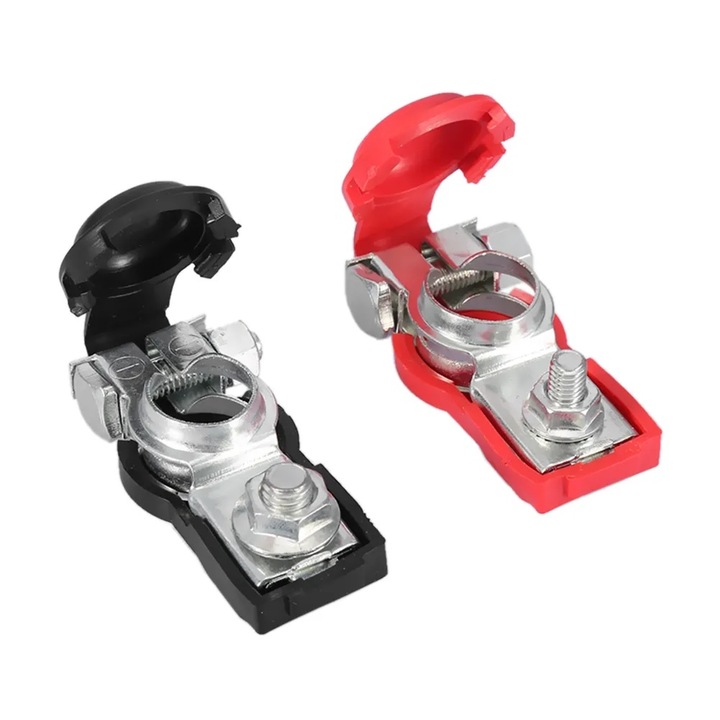 Set 2 borne pentru baterie auto din aluminiu dur exolat invelite in cauciuc de protectie, sistem prindere cu suruburi auto-blocante, negru-rosu
