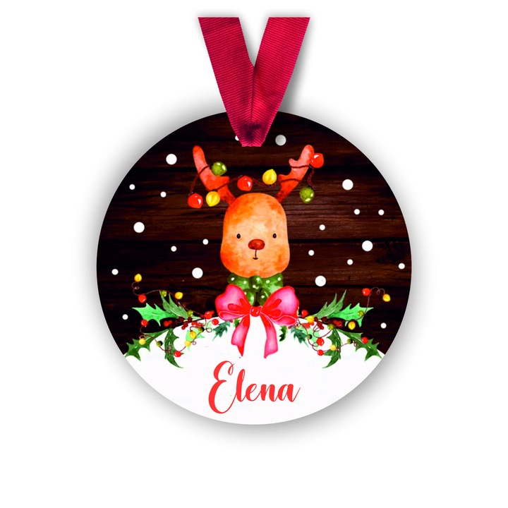 Glob din lemn personalizat cu numele Elena, model ren, multicolor, 8 cm