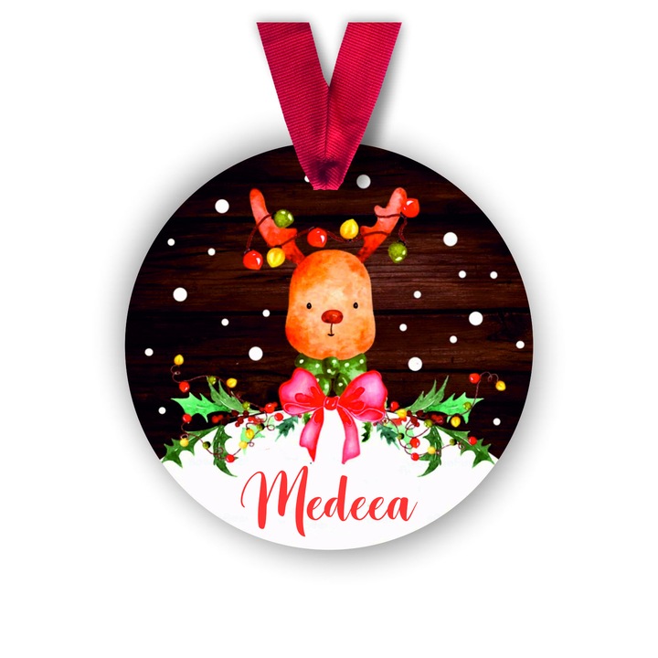 Glob din lemn personalizat cu numele Medeea, model ren, multicolor, 8 cm