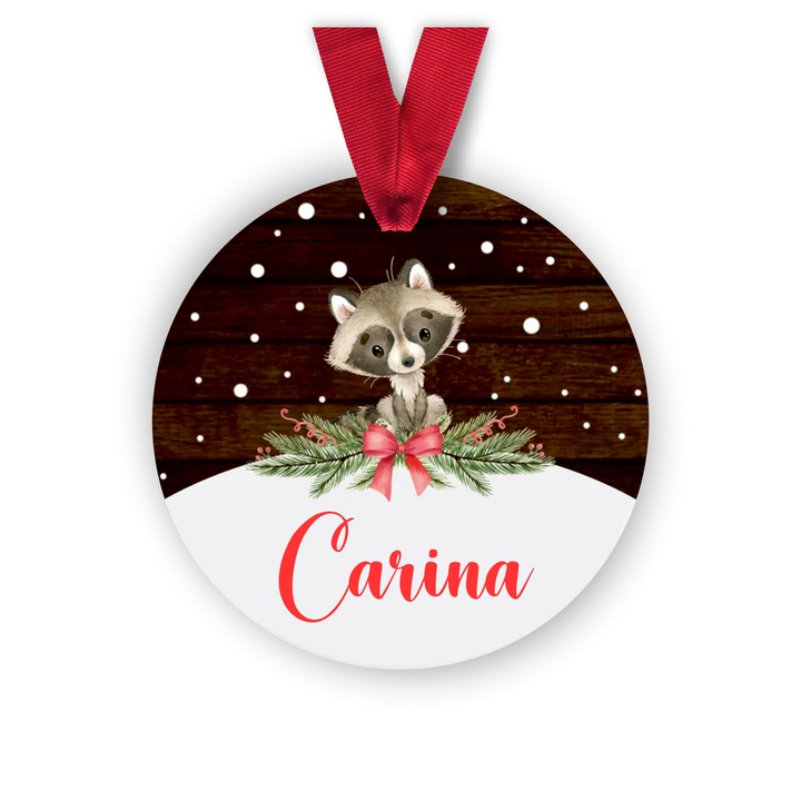 Glob din lemn personalizat cu numele Carina, model raton, multicolor, 8 cm