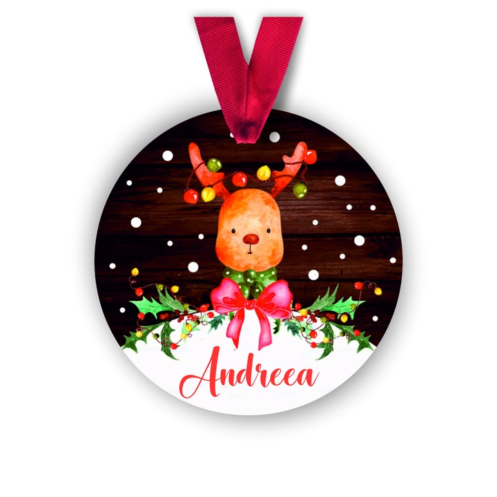 Glob din lemn personalizat cu numele Andreea, model ren, multicolor, 8 cm