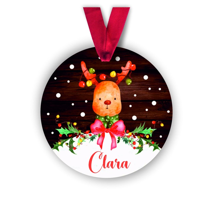 Glob din lemn personalizat cu numele Clara, model ren, multicolor, 8 cm