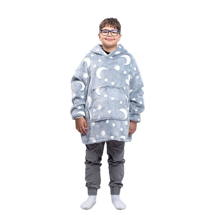 Одеяло с ръкави, Mindblower, Grey Moon, тип Hoodie, ултра леко и топло, за момче, фосфоресциращо, с кенгуру джоб, еластичен маншет, Flannel & Polar, 75 см