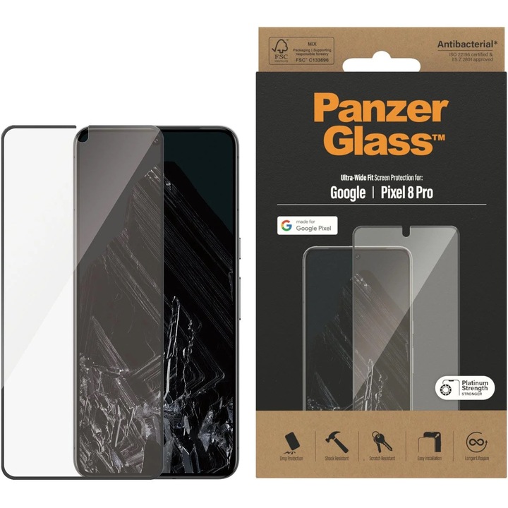 Стъклен протектор PanzerGlass за Google Pixel 8 Pro, UWF, Antibacterial, Черен