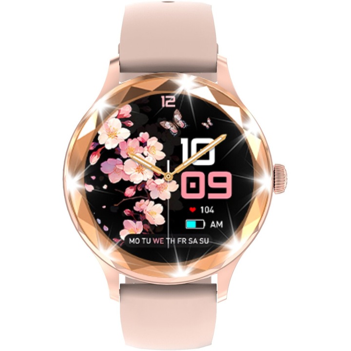 Ceas Smartwatch Women’s Edition AMOLED DTS2™ WATCH Apel Bluetooth, 1.3” Natural View, AI Asistent Vocal, 24/7 Fitness Tracker, Music Play, Ecran Personalizat, Incarcare Wireless, Limba Romana, Notificari, Alarma, Curea Silicon, Petal Gold