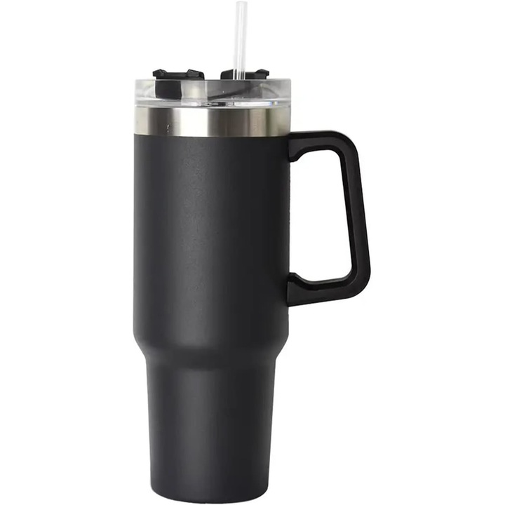 Termosz bögre, WALALLA, Rozsdamentes acél, Szalmával, 1200ml, Fekete