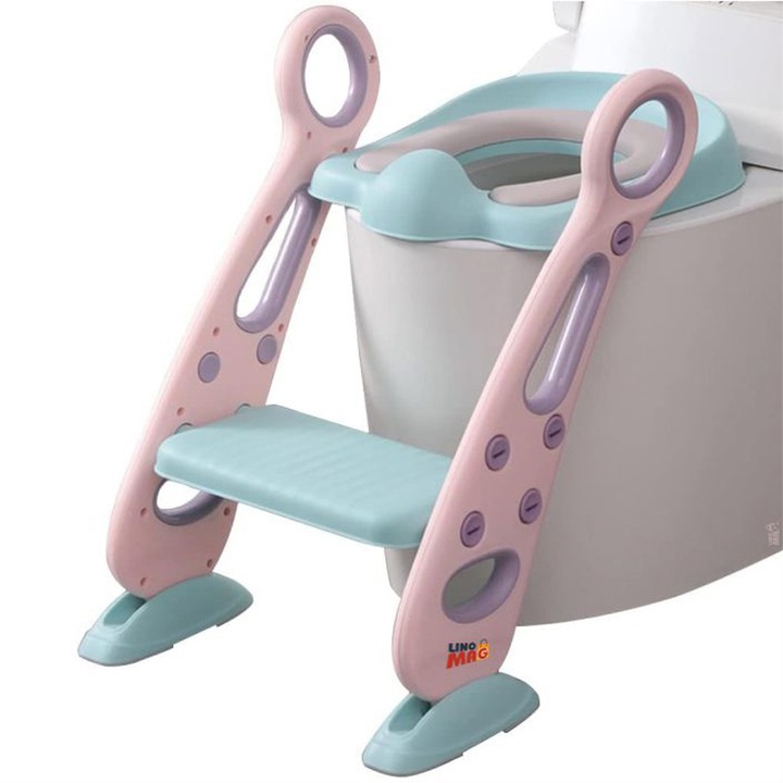 Linomag® Gyerek WC szűkítő, Állítható magasságú létra, Összecsukható, Csúszásgátló lábakkal és tartófogantyúkkal, 42.6 x 55 x 41.5 cm, Rózsaszín / Zöldeskék