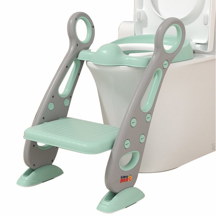 Linomag® Gyerek WC szűkítő, Állítható magasságú létra, Összecsukható, Csúszásgátló lábakkal és tartófogantyúkkal, 42.6 x 55 x 41.5 cm, Szürke / Menta