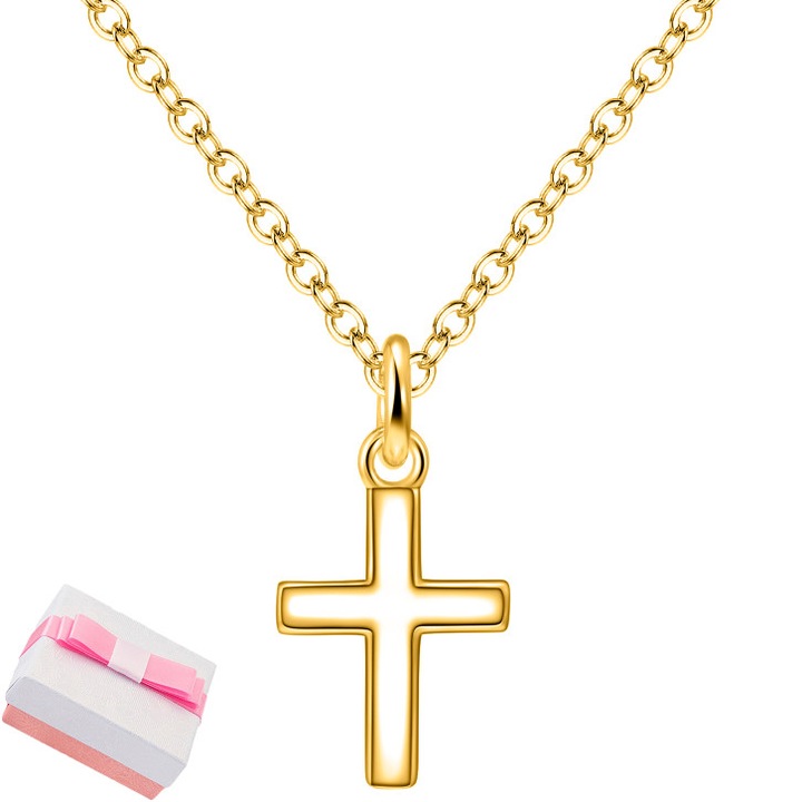 Lant crucifix, argint 925, placat cu aur, pandantiv cruce, cadou botez, baiat, fetita, femeie, Mennica Bydgosk