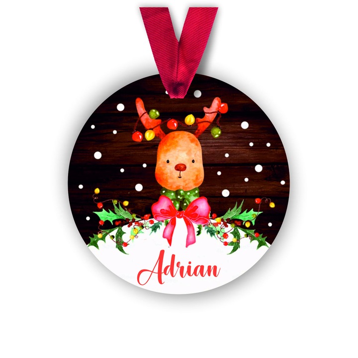 Glob din lemn personalizat cu numele Adrian, model ren, multicolor, 8 cm