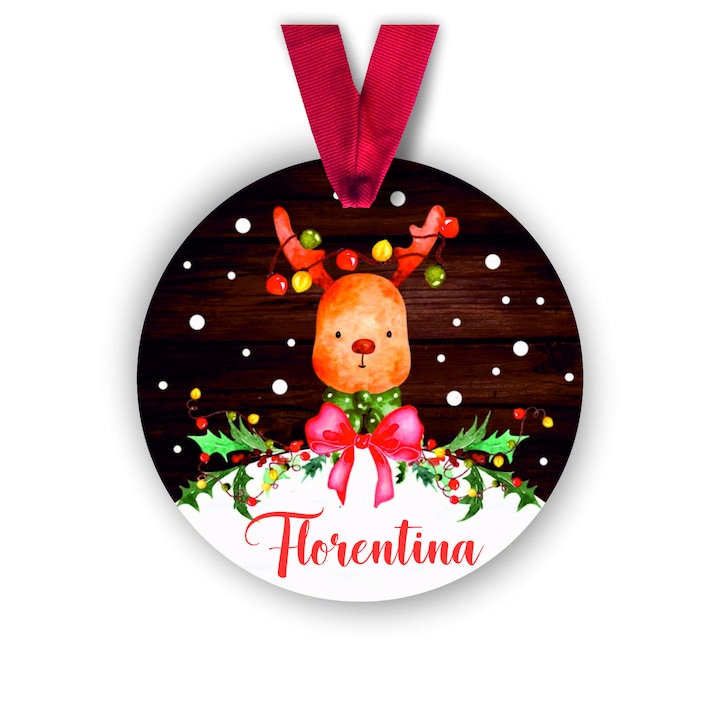 Glob din lemn personalizat cu numele Florentina, model ren, multicolor, 8 cm
