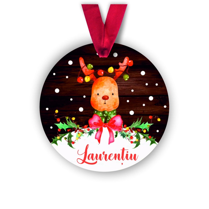 Glob din lemn personalizat cu numele Laurentiu, model ren, multicolor, 8 cm