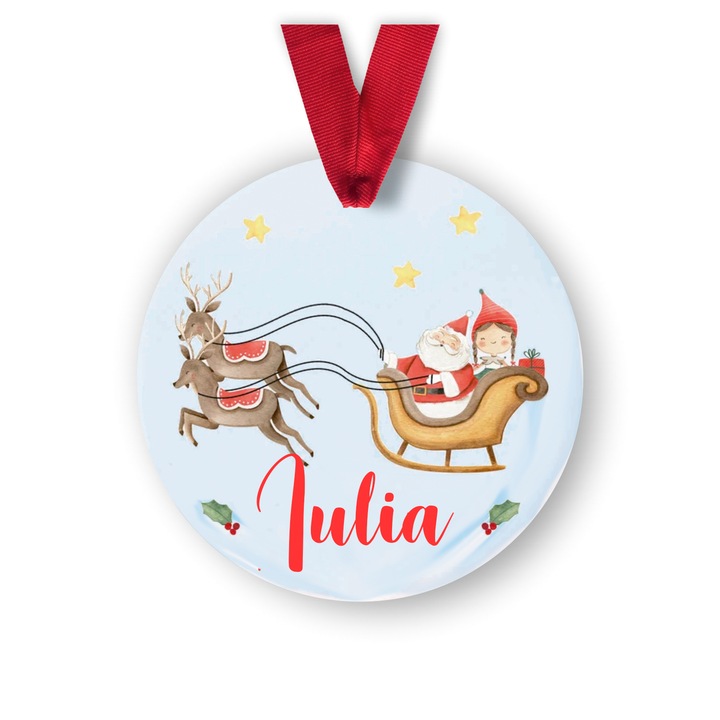 Glob din lemn personalizat cu numele Iulia, model spiridus fetita, multicolor, 8 cm