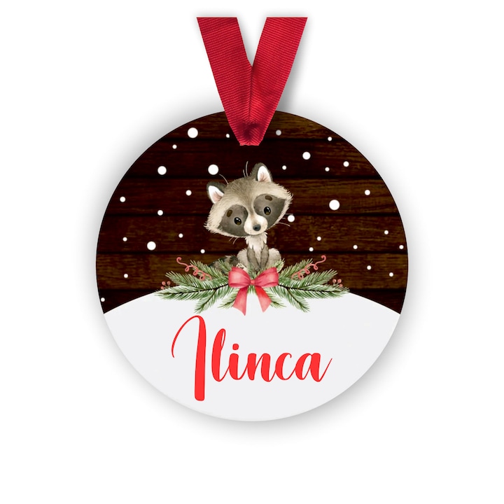 Glob din lemn personalizat cu numele Ilinca, model raton, multicolor, 8 cm