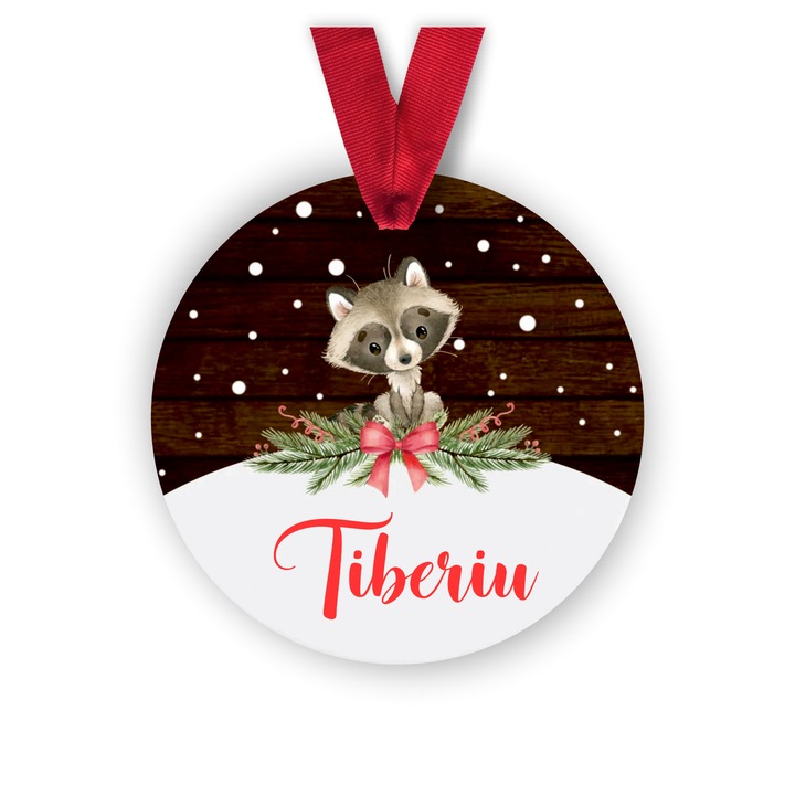 Glob din lemn personalizat cu numele Tiberiu, model raton, multicolor, 8 cm