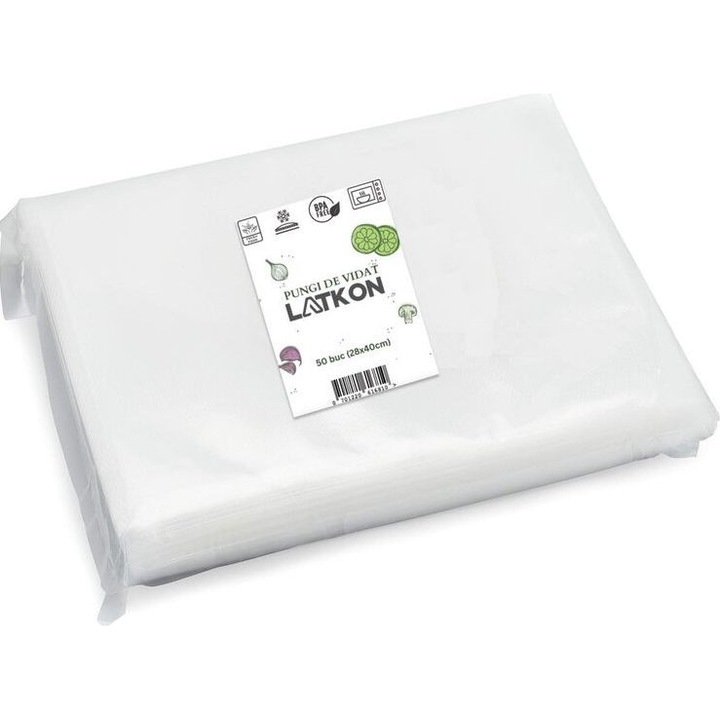 Set de 50 Pungi Vidat Latkon®, 28x40 cm, Reutilizabile, Lavabile in Masina de Spalat, Fara BPA, Rezistente la Intepaturi si Rupere, Ideale Pentru Depozitare sau Preparare Sous Vide, Transparent Mat