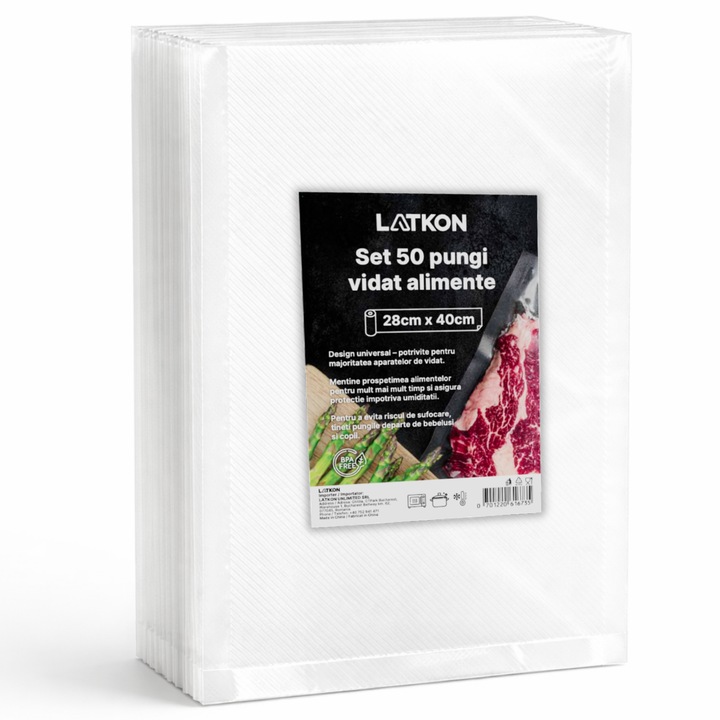 Set 50 Pungi de Vidat, Latkon®, 28x40 cm, Pungi Vidat Reutilizabile, Lavabile, Fara BPA, Folie Profesionala, Plastic Transparent Mat, Rezistenta la Intepaturi si Rupere, Compatibile Aparate de Vidat, Pentru Depozitare Alimente si Sous Vide, Transparent