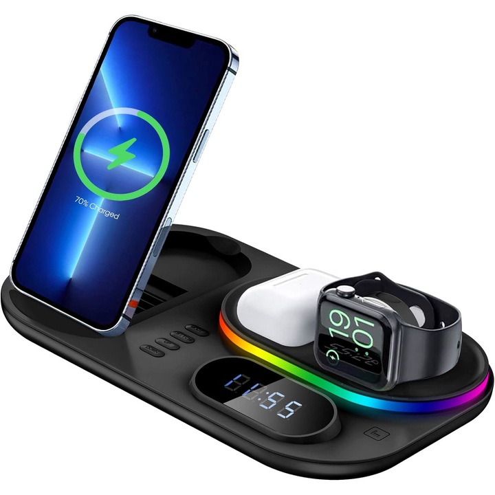 Vezeték nélküli Töltőállomás, Gyors 4 az 1-ben Órával/Éjjeli Lámpával, Gyors Qi Töltés, Kompatibilis Támogatás iPhone 13/12/11/X/Xs Max, Airpods 2/PRO, iWatch Series, Samsung Note/S Series-hez, Fekete