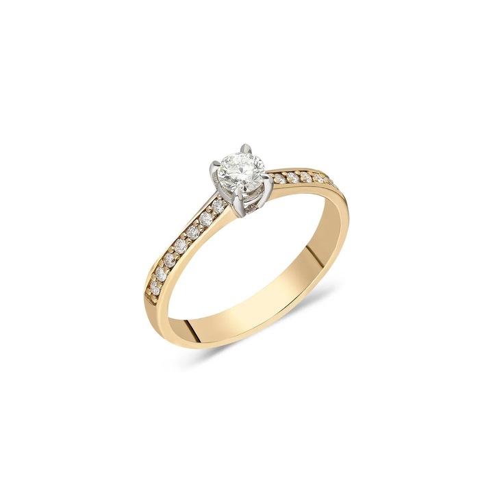 Inel de logodna din aur galben 14 K, 2 g, diamante 0.20, 0.15 carate,17 pietre, marimea 52, Reina Bijou