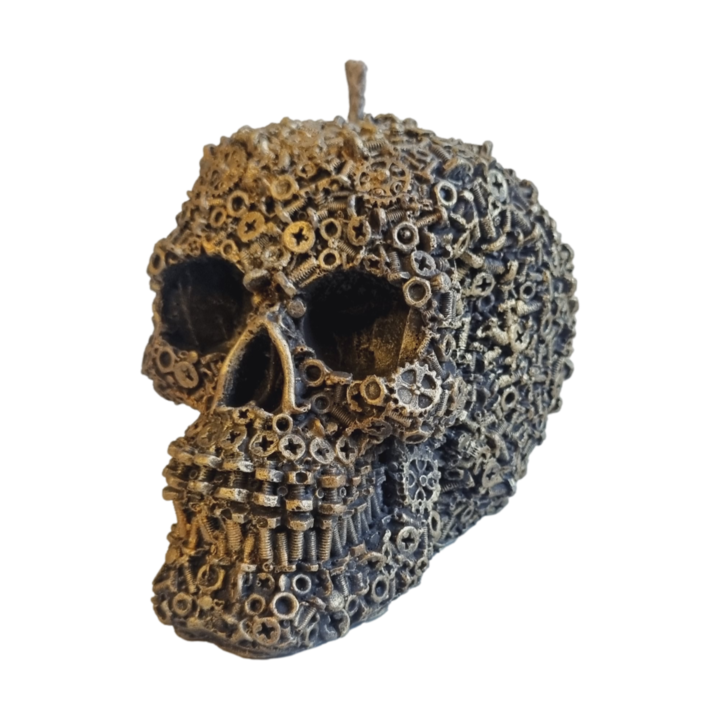 Lumanare Decorativa, Craniu cu Detalii Metalice si Suruburi, Auriu Metalizat, 750 g