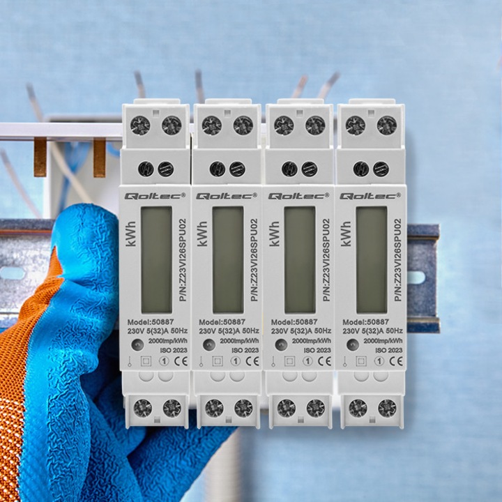Egyfázisú energiafogyasztás mérő, Qoltec, 50887, AC 230V, 35 mm-es sínhez, pontosság: 1.0 osztály, névleges áram: 5(32)A, kijelző: Lcd, 63 x 18 x 97 mm
