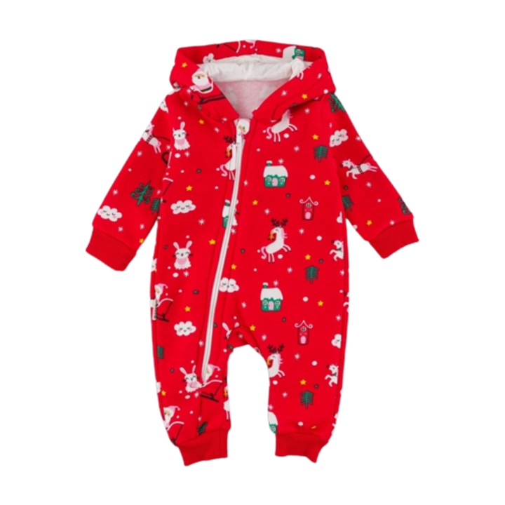 Salopeta rosie vatuita Atmosfera de Craciun, cu gluga si fermoar