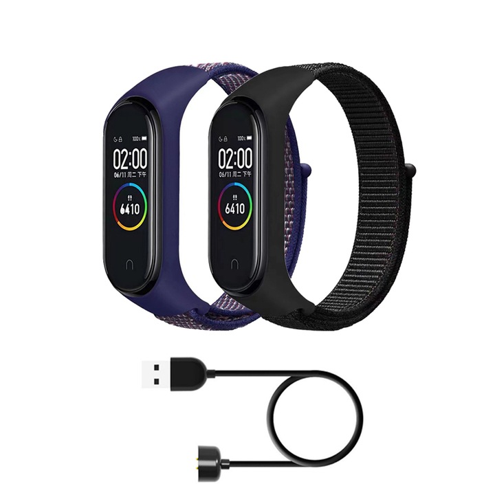 Set 2 Curea Bratara Fitness compatibil Xiaomi Mi Band 5 / 6 / 7, Din material textil Hedgehog rezistent la apa, Cablu de incarcare，Negru/Bleumarin