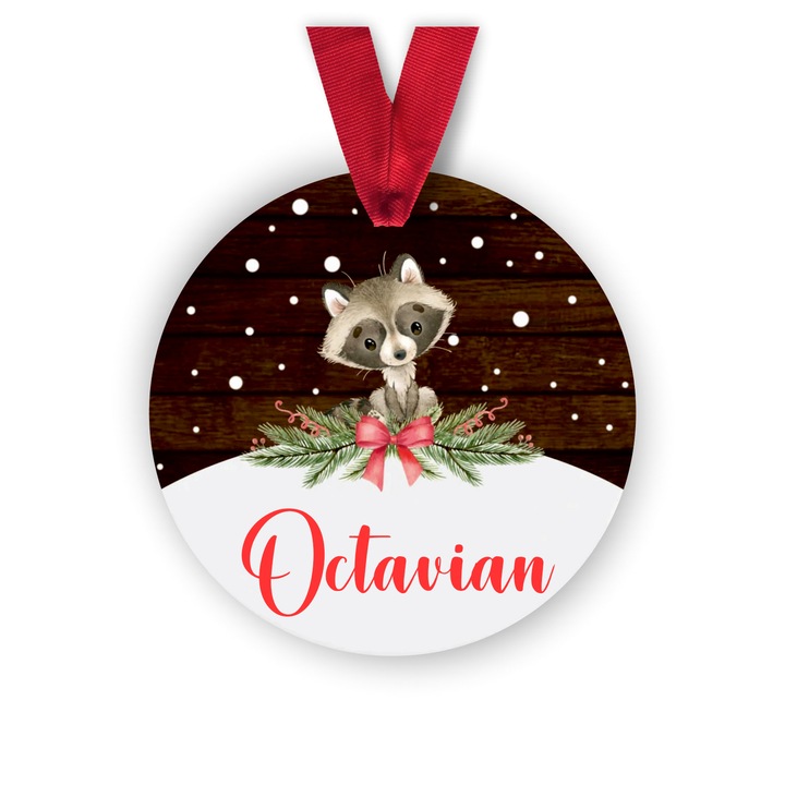 Glob din lemn personalizat cu numele Octavian, model raton, multicolor, 8 cm