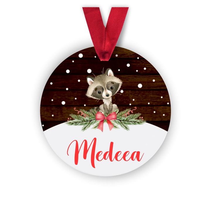 Glob din lemn personalizat cu numele Medeea, model raton, multicolor, 8 cm