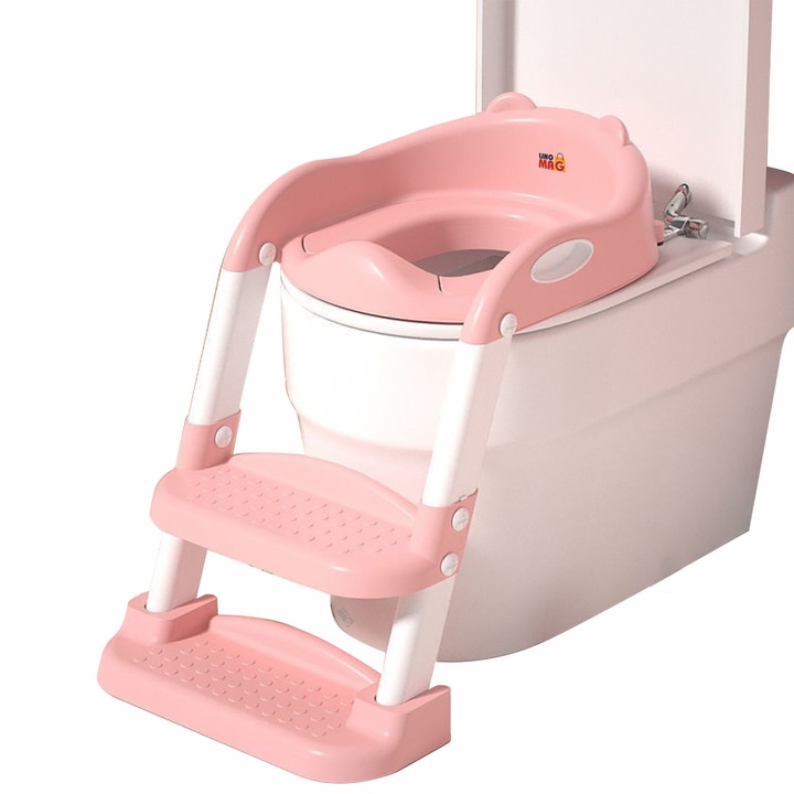 Linomag® Gyerek WC szűkítő, Állítható magasságú létra, Összecsukható, Csúszásgátló lábakkal és tartófogantyúkkal, 38 x 40 x 47 cm, Rózsaszín / Fehér