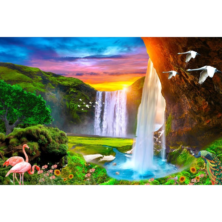 Öntapadó PVC tapéta - Waterfall And Birds At Sunset, 100 x 150 cm