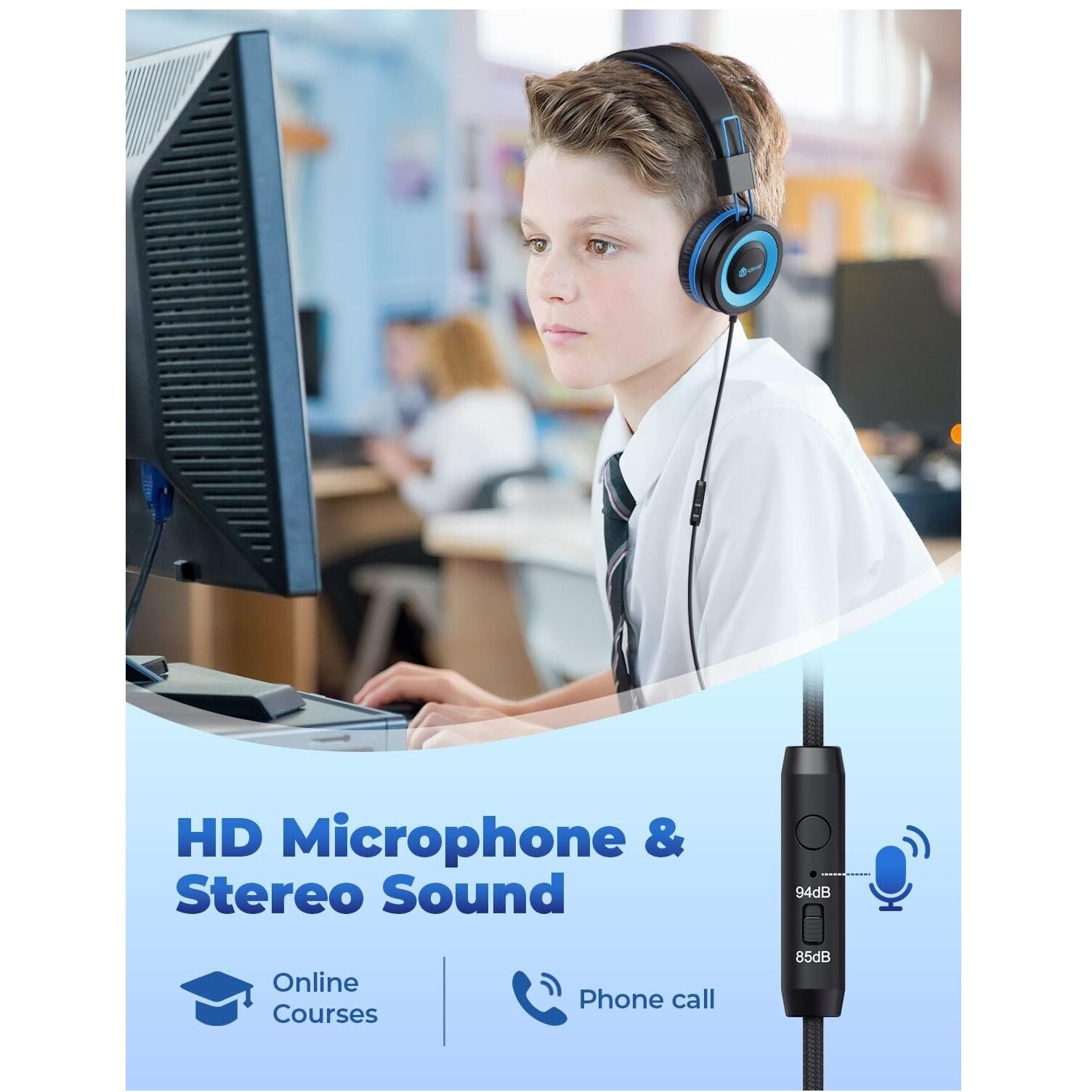 Casti, iClever, HD stereo, 40mm drivere, jack 3.5mm, microfon incorporat, pentru copii