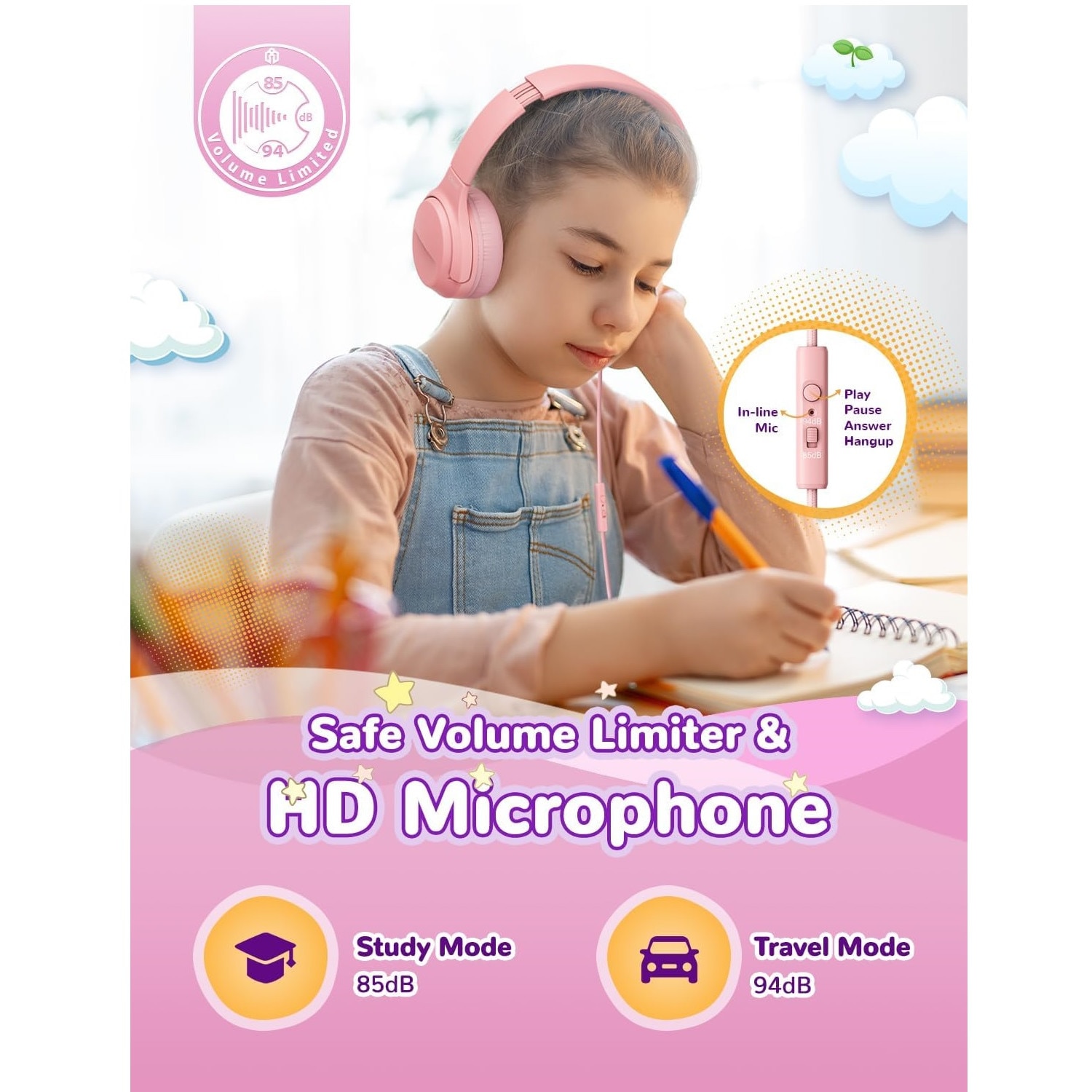 Casti, iClever, HD stereo, 40mm drivere, jack 3.5mm, microfon incorporat, pentru copii, roz