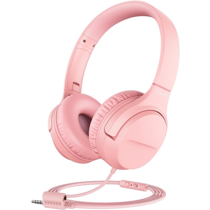 Casti, iClever, HD stereo, 40mm drivere, jack 3.5mm, microfon incorporat, pentru copii, roz