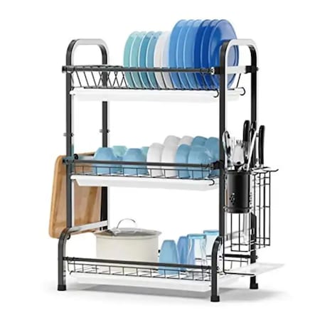 Scurgator de vase metalic si tavite de plastic, cu 3 etaje, Herum, Negru, 42 x 23.5 x 61 cm