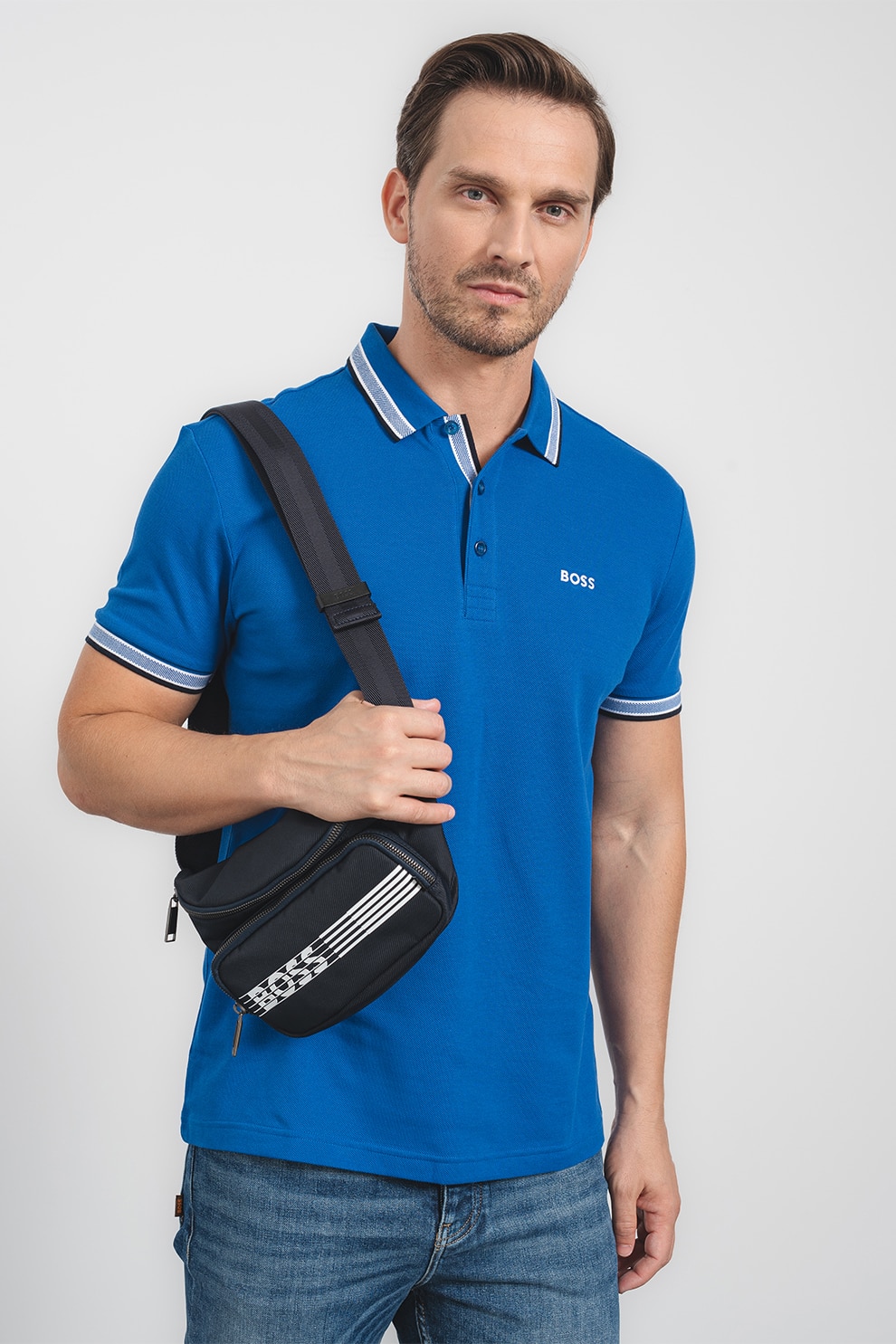 BOSS, Tricou polo regular fit din bumbac pique cu margini contrastante Paddy, Albastru royal, S