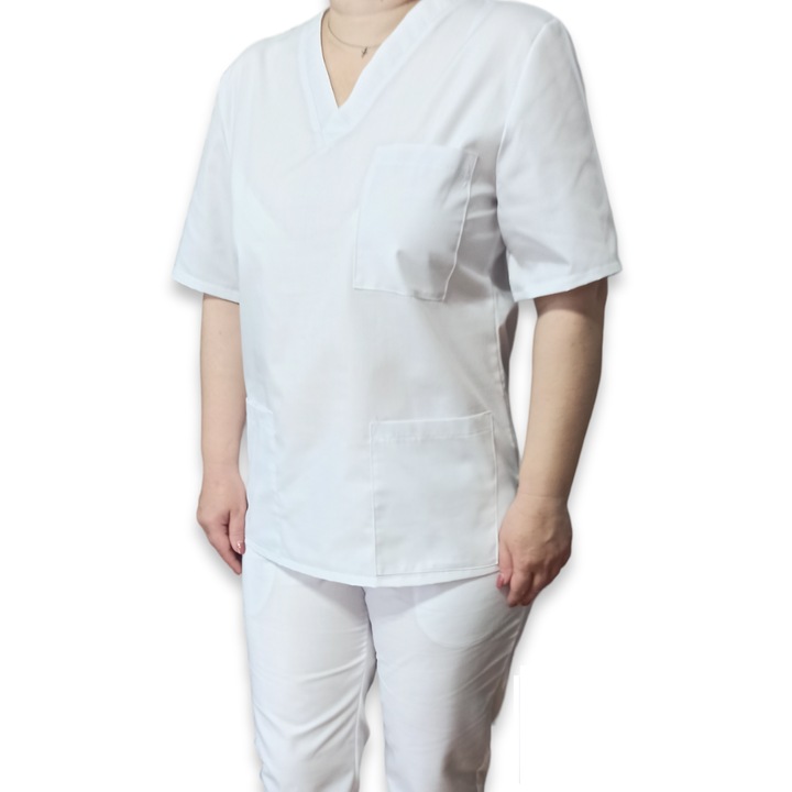 Bluza medicala cu anchior din tercot elastic alb, Marimea 46, Colectia Halatul meu, AMA Medical Scrubs
