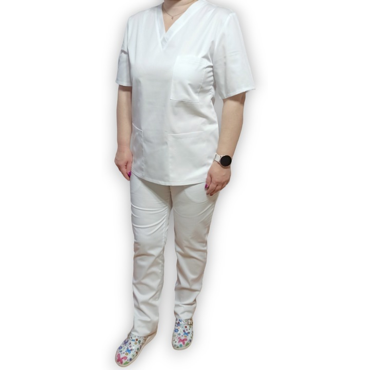 Bluza medicala cu anchior din tercot elastic alb Marimea 38, Colectia Halatul meu, AMA Medical Scrubs