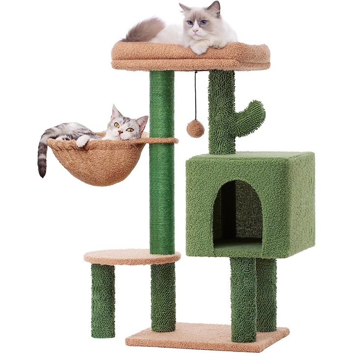 Ansamblu de joaca pentru pisici stil cactus cu stalp de zgariat acoperit cu sisal natural, apartament confortabil, plus si bile pufoase pentru pisici, interior