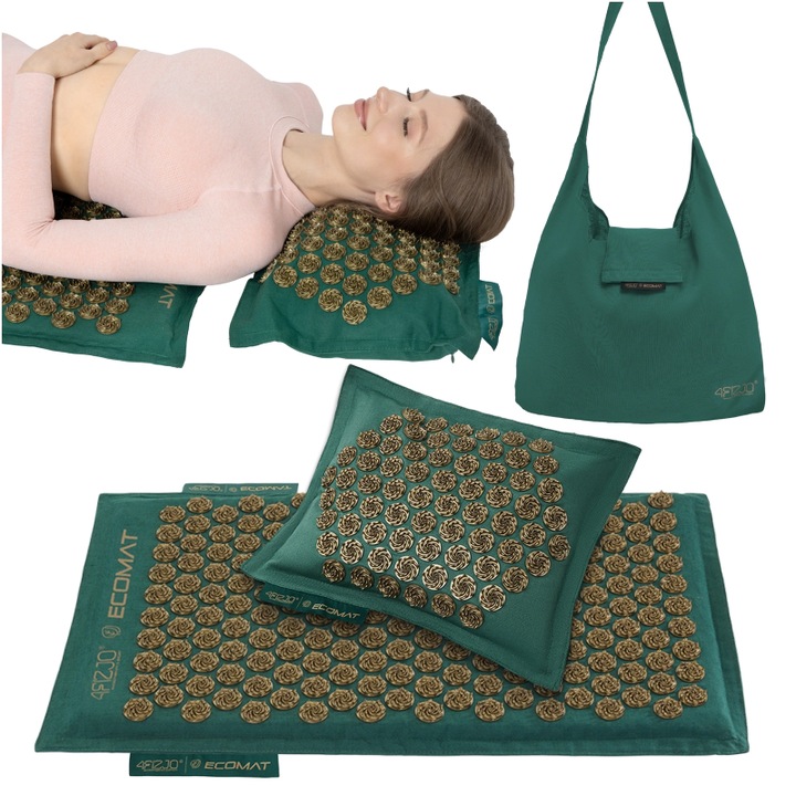 Set saltea si perna acupunctura 4FIZJO® pentru ameliorarea durerilor de spate, gat si a punctelor de presiune, relaxare musculara, Verde/Auriu