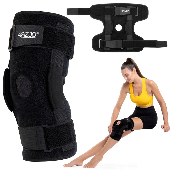 Orteza de genunchi cu suport pentru rotula, 4FIZJO, unisex, tabilizeaza rotula in timpul activitatii fizice, tesatura moale si respirabila, repara genunchiul, previne leziunile, inel de gel pentru leziuni ale rotulei 50 - 56 cm, dimensiune XL, Negru