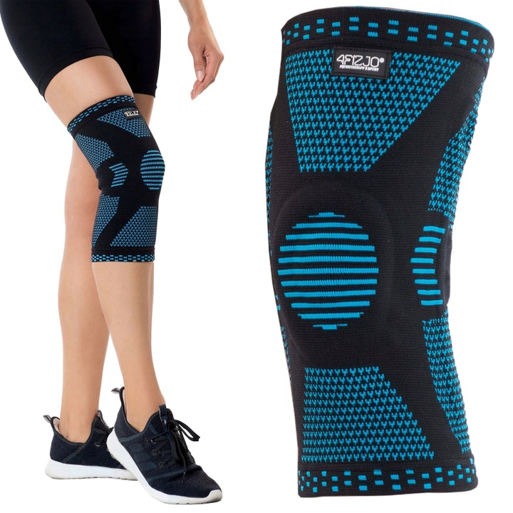 Genunchiera elastica, 4FIZJO, cu stabilizare, pentru toate tipurile de sporturi dinamice - alergare, fitness, fotbal, baschet, ciclism, hiking, ideala pentru recuperare, dureri articulare, suport pentru menisc, dimensiune L Unisex, Albastru/Negru