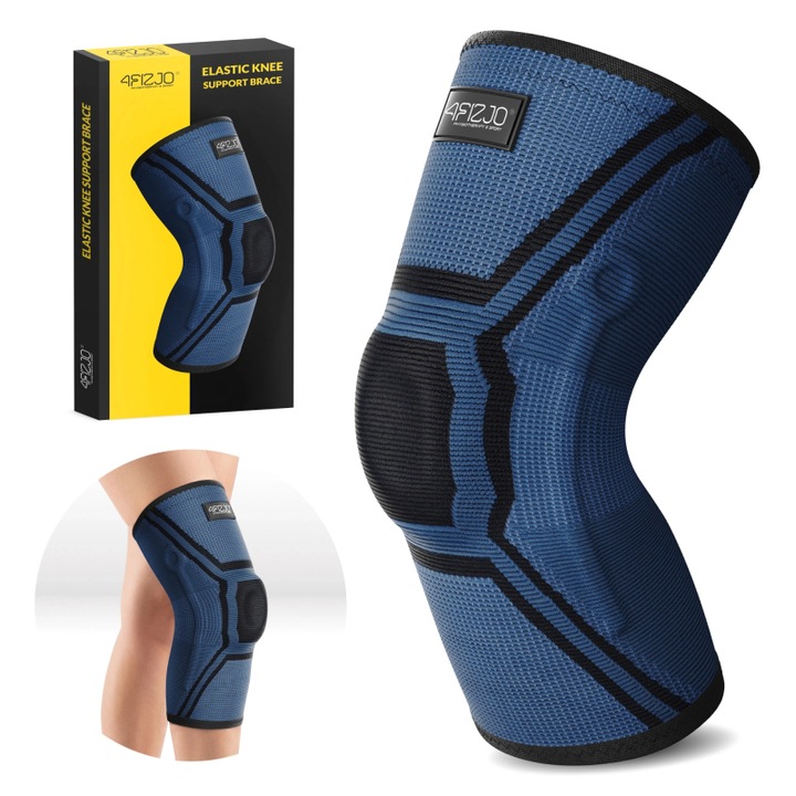 Genunchiera elastica cu stabilizare, 4FIZJO, ideala pentru recuperare, pentru toate tipurile de sporturi dinamice - alergare, fitness, fotbal, baschet, ciclism, hiking, dureri articulare, suport pentru menisc, dimensiune M, Unisex, Albastru/Negru