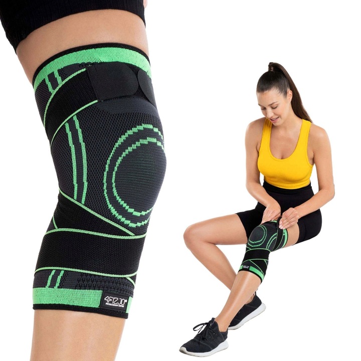 Genunchiera medicala elastica 4FIZJO, ideala pentru ameliorarea durerilor de menisc, rupturi de ligamente, suport pentru rotula in activitatile sportive dinamice, ajustabila, XL, Unisex, Negru/Verde