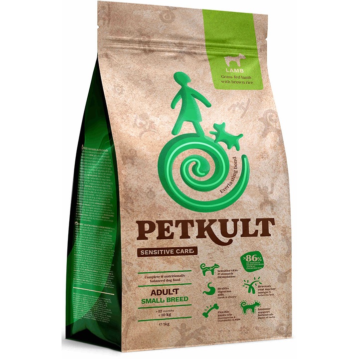 Суха храна за кучета Petkult Sensitive, Adult, Малка порода, Агнешко месо и ориз, 1 кг