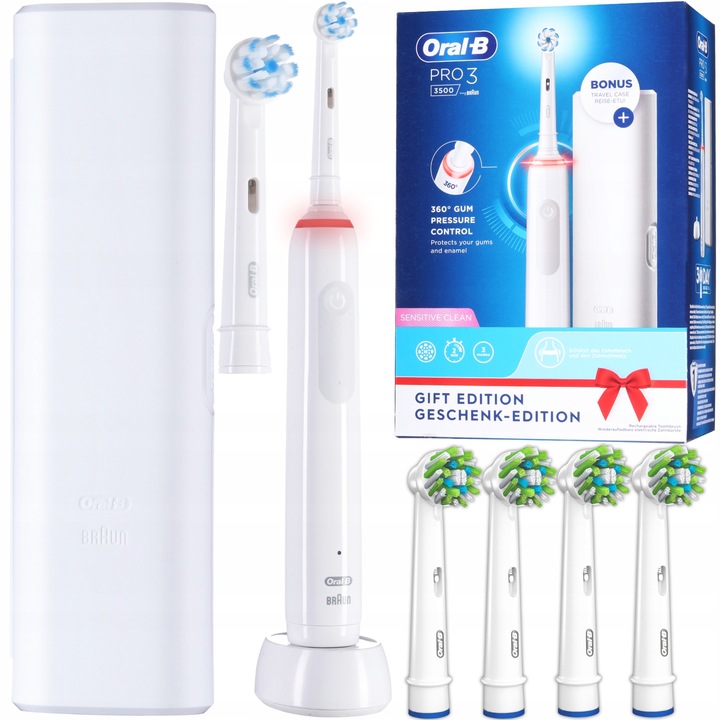 Oral-B PRO 3 3500 Szett, Elektromos fogkefe, Fehér, 5x Tartalék, Utazótáska